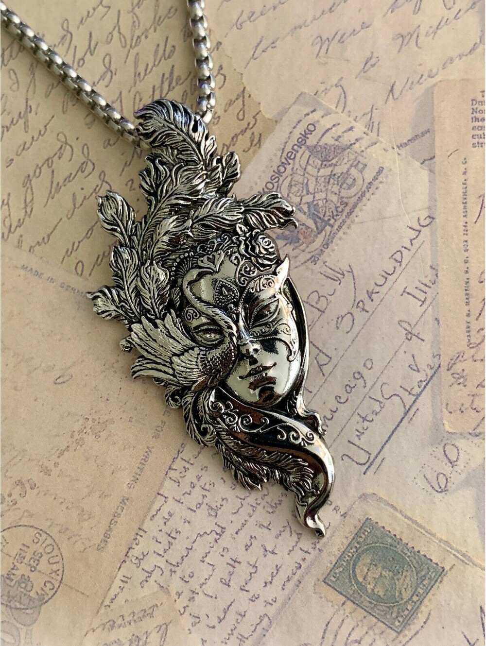 Peacock Queen Masquerade Mask Pendant Necklace Chandelier